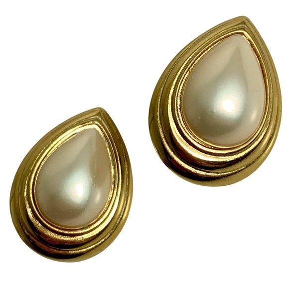 Vintage Marvella Gold-Tone Teardrop Clip-On Earrings With Faux Pearl Center - Picture 1 of 3